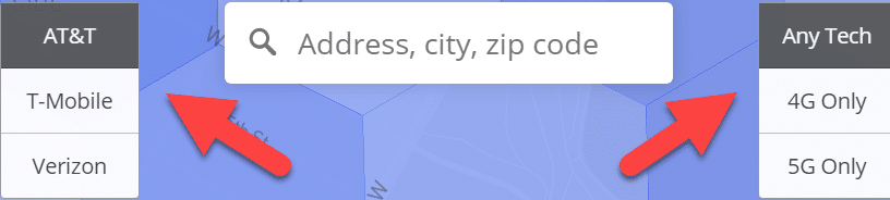 Screenshot showing menus coverage map users can click on to toggle between networks or technologies.