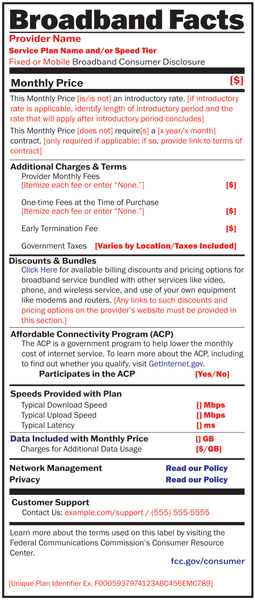 Broadband label sample from the FCC