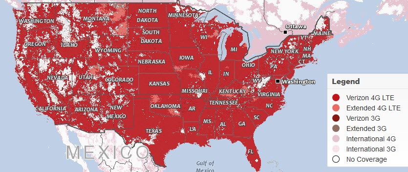 Mapa de cobertura da Verizon codificado por cores