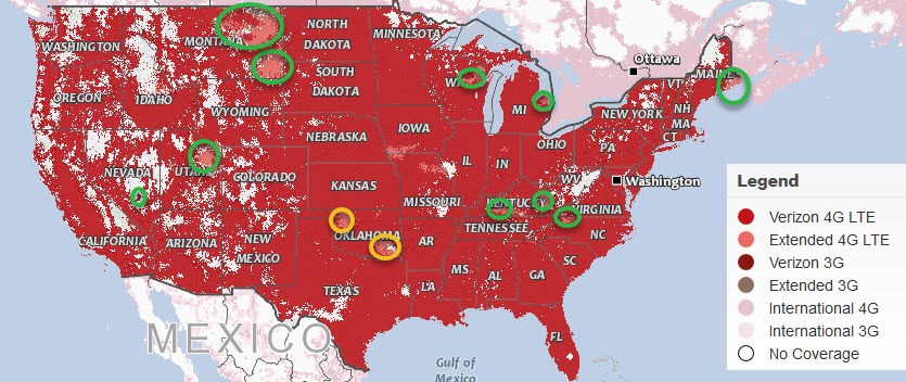 Mappa di copertura Verizon con partner di roaming evidenziati