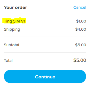Ting V1 Verizon SIM card checkout screenshot