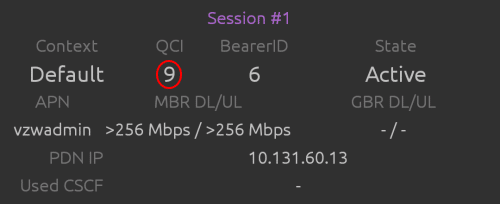 Network Signal Guru test result hsowing a QCI of 9 for Ting's Verizon service.