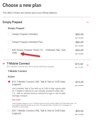 Screenshot of T-Mobile's web interface