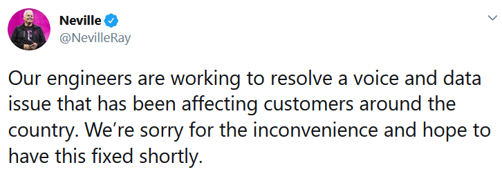 Neville Ray's tweet acknowledging the outage