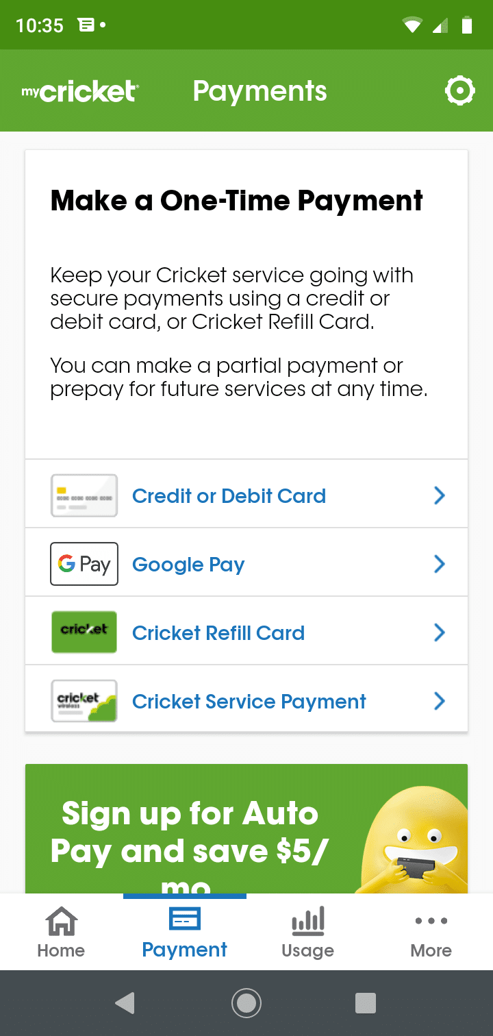 cricket quick pay not working