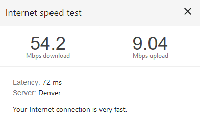 Speed test screenshot showing a 54Mbps download speed while on a hotspot connection