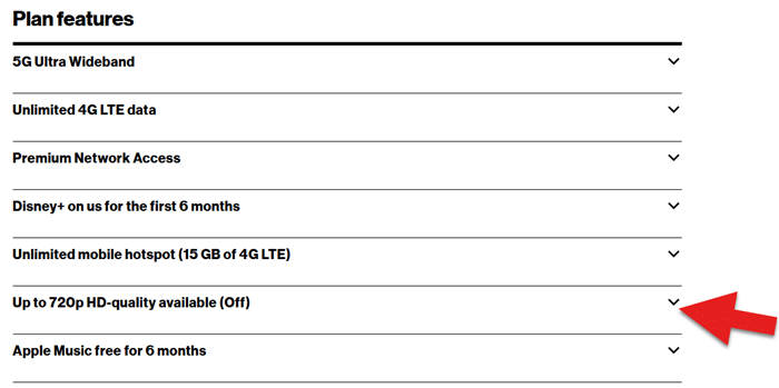 Screenshot of the plan features section in My Verizon