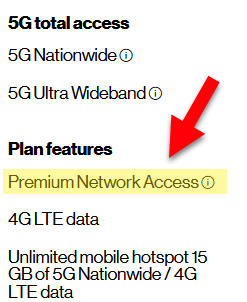 Verizon plan features listing showing premium network access