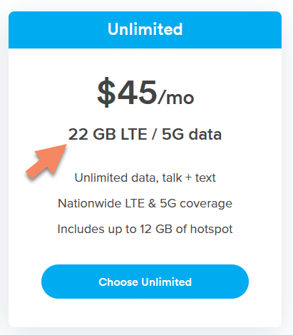 Ting "Unlimited" plan characteristics screenshot