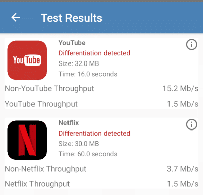 Test result showing video throttling