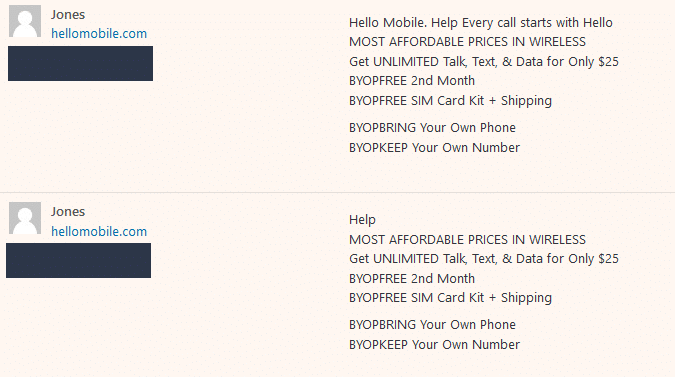 Hello Mobile spam comments