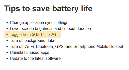 Screenshot showing T-Mobile suggesting to turn off 5G to save battery life