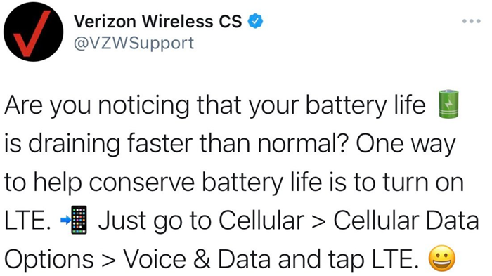 Verizon 5G battery life tweet