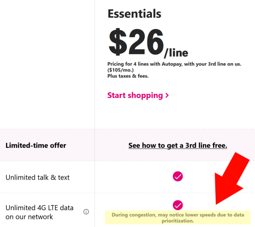 Screenshot showing Essentials customers may experience slower speeds during congestion