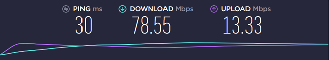 Test result showing 30ms ping and 78.5 Mbps download speed