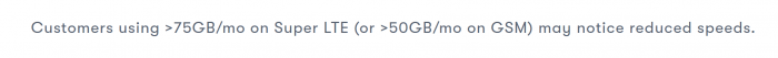 Screenshot from US Mobile's website reading "Customers using >75GB/mo on Super LTE (or >50GB/mo on GSM) may notice reduced speeds."