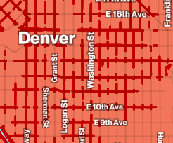 Snapshot showing a part of Denver on Verizon's coverage map. Roads show up in dark red, while a lighter red shades the rest of the area.