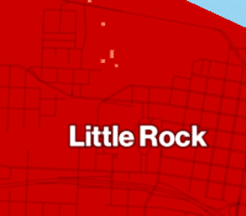 Snapshot of Verizon's coverage map showing an area of Little Rock that's mostly shaded in dark red.