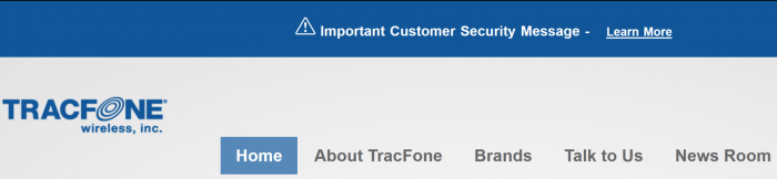 Screenshot of a banner drawing attention to TracFone's security incident