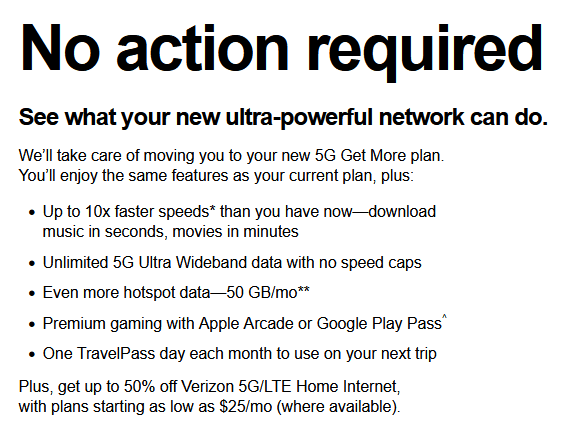 Screenshot from an email sent by Verizon