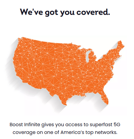 Screenshot from Boost Infinite's website with a picture of a map and the words "Boost Infinite gives you access to superfast 5G coverage on one of America's top networks."