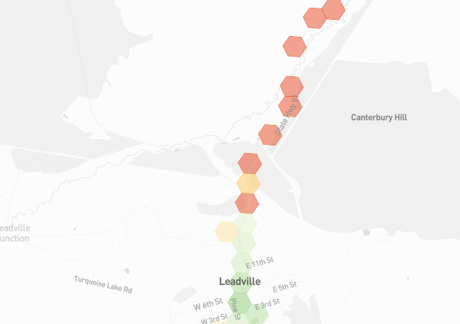 Map of Leadville showing green (indicating a strong signal) in the center of the town and red (indicating a weak signal) north of the town