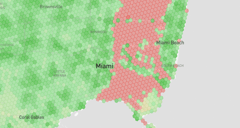 Coverage map screenshot in Miami showing red hexes in a body of water