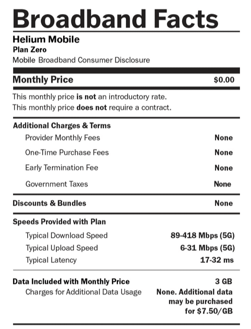 Broadband Label highlighting the free nature of the Helium Mobile Zero plan