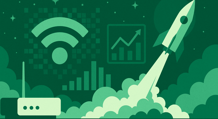 Nearly abstract image involving a Wi-Fi symbol, a router, and a rocket ship